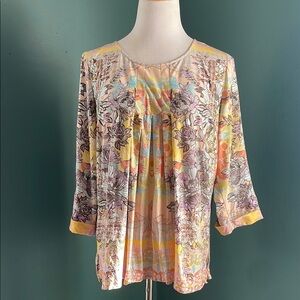 Soft Surroundings Yellow Pink Pleated Blouse